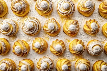 Golden Pastries: Delicious Baked Goods with Powdered Sugar Dusting - Stock Photo