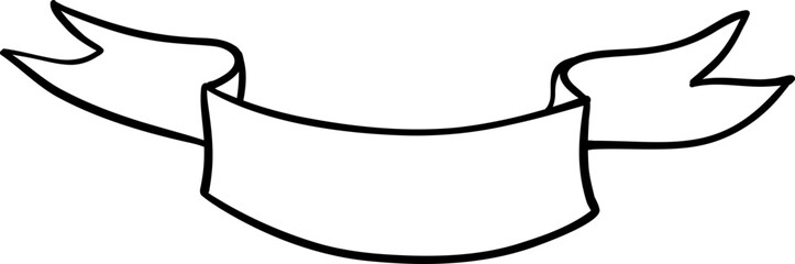 Black and white outline of a ribbon banner with flowing edges. A simple decorative element for text, labels, or graphic design projects