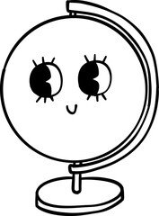 Obraz premium Black and white kawaii-style illustration of a globe with a cute, smiling face. Perfect for educational, travel, or cartoon-themed designs