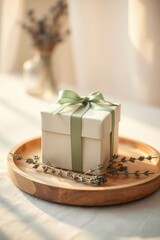 Wrapped gift sits on a round wooden tray, decorated with sprigs of dried lavender and a soft green ribbon