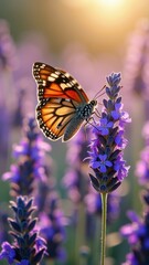 Monarch butterfly resting on vibrant purple wildflower at sunset
