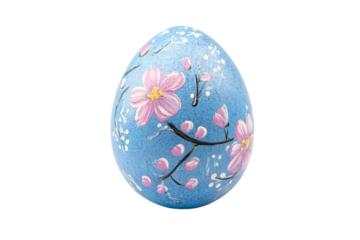 Single blue Easter egg painted with beautiful pink flowers isolated on white or transparent background