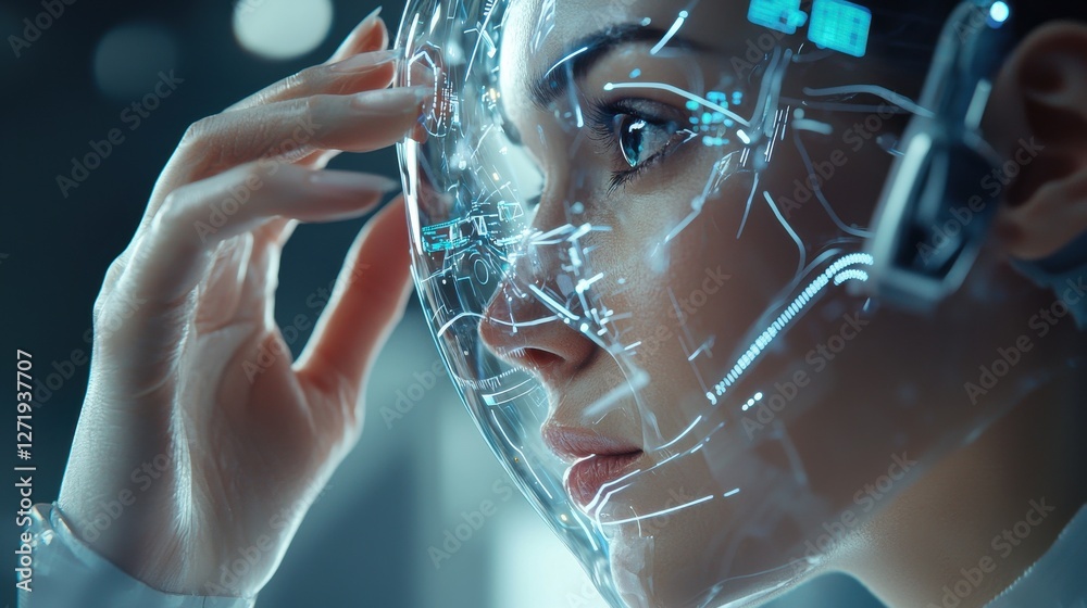 Aufkleber a woman is looking at a computer screen with a face on it