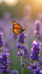 Monarch butterfly on lavender at sunset in a vibrant summer garden