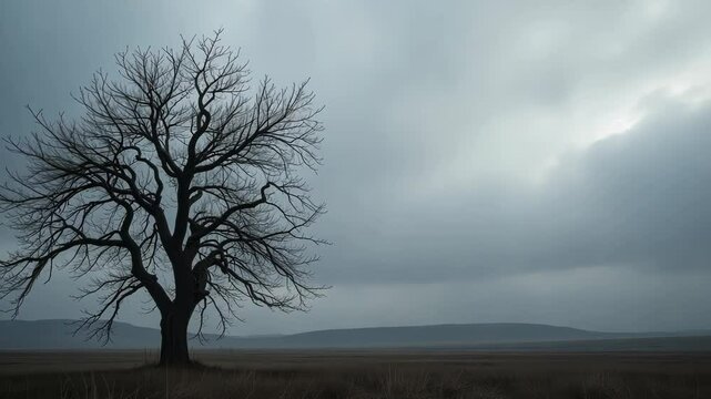  Lonely leafless tree in an empty plain with the sun peeking through clouds creating a somber yet hopeful scene