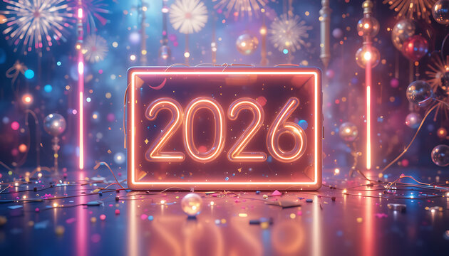 2026 neon led lights box background new year celebration wallpaper design