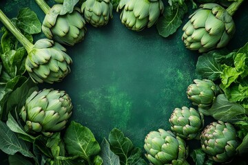 Fototapeta premium Fresh Green Artichoke and Leafy Greens Frame on Dark Green Background. Vibrant, Healthy Food Photography.