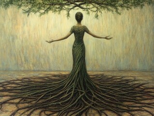 Woman merging with nature: dress of vines and tree branches, symbolizing connection and growth