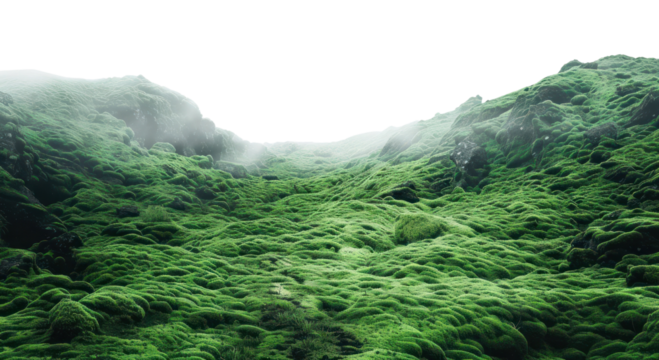 PNG Foggy valley with soft mossy ground vegetation landscape scenery.