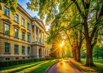 Golden Sunlight Dappled Through Trees on Historic Building Facade