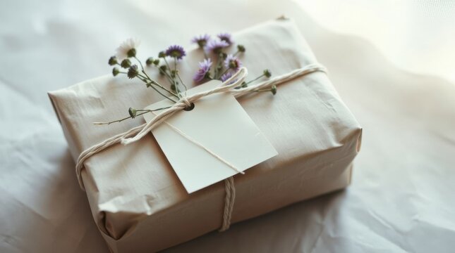 A thoughtfully wrapped gift with natural string and delicate purple and white flowers on top of a white sheet.