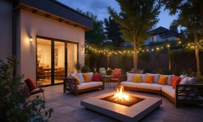 Firelit evening in a luxurious backyard with comfortable outdoor seating and upscale decor, luxury retreat , relaxation space, high-end decor