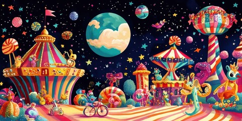 Obraz premium Whimsical fantasy landscape with colorful amusement park rides and candy