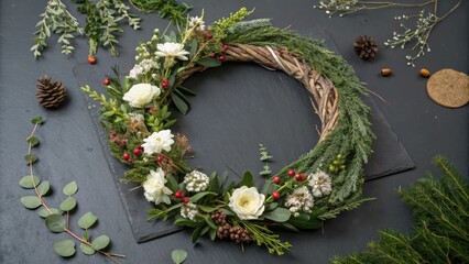 Floral wreath on a dark grey surface with natural textures and greenery, bohemian decor, greenery, garden flowers, rustic arrangement, dark grey
