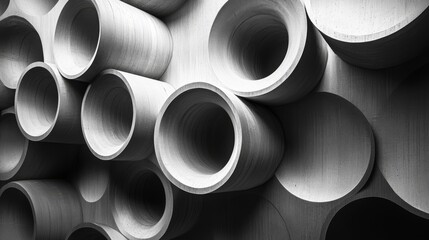 Cylindrical structures creating an abstract architectural pattern on the wall