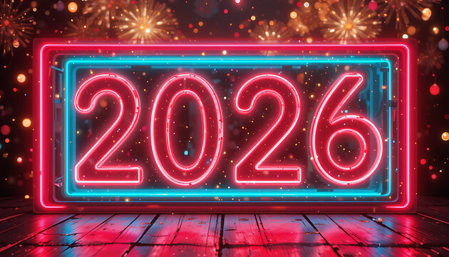 2026 neon led lights box background new year celebration wallpaper design - Powered by Adobe