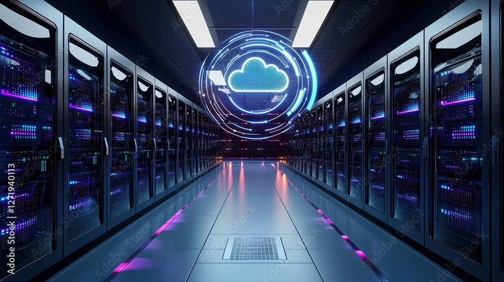 Poster a computer server room with a large blue cloud on the wall