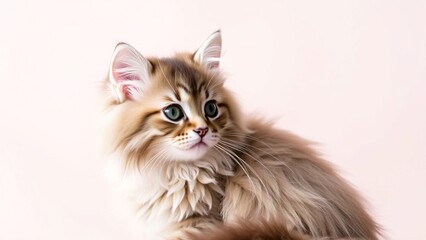 Adorable Fluffy Kitten with Green Eyes on Pink Background