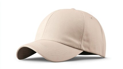 Fototapeta premium Beige Baseball Cap with Brown Visor on White Background