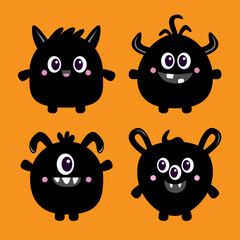 Cute monster set icon. Happy Halloween. Cartoon kawaii funny baby character. Black silhouette. Horns, fang teeth, eyes. Sticker print. Childish style. Flat design. Orange background. Vector