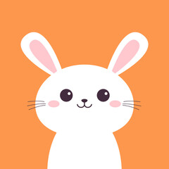 Cute white rabbit bunny hare silhouette icon. Happy Easter. Smiling face head. Pink cheeks. Kawaii cartoon funny baby character. Valentines Day. Greeting card. Orange background. Flat design. Vector