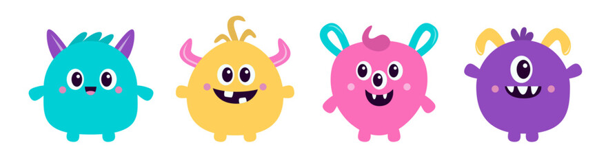 Monster icon set line. Happy Halloween. Cartoon kawaii funny character. Colorful silhouette monsters. Cute face with horns, teeth, eyes hands. Childish collection. Flat design. White background Vector