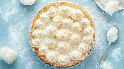 A top-down view of a Coconut Cream Pie French Toast Bake, elegantly styled with piped coconut cream rosettes, on a soft pastel blue background