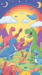 Obraz premium Cartoon dinosaurs are playing music in a colorful world