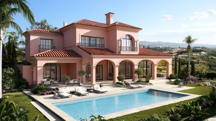 Luxury Pink Villa with Pool and Stunning Mountain Views