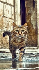 Obraz premium Cat walking through rainy street urban environment animal wet conditions close-up perspective