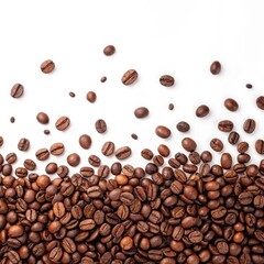 Obraz premium Coffee Beans Scattered Composition Top View Image, Coffee Bean Background, Roasted Coffee, White Background Coffee, Beans