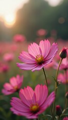 Obraz premium pink flowers in the afternoon with sunset