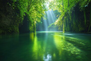 Fototapeta premium Sunlight pierces through the forest canopy, illuminating a river with vibrant emerald water, surrounded by lush green vegetation and rocky banks, creating a magical, serene scene.