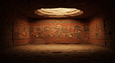 Ancient Chamber with Wall Murals - Archaeological Site Interior with Earthen Tones and Skylight Opening.