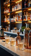 Elegant bar setup with whiskey glasses and bottles on marble countertop