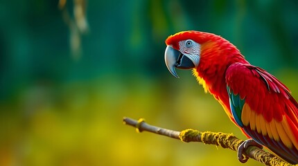 A scarlet macaw perches on a mossy branch in the Amazon rainforest, its vibrant red, yellow, and blue feathers glowing in golden sunlight