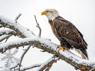 Majestic Bald Eagle in Winter Snow, Profile View on Snowy Branch, Wildlife Photography, Snowflakes Bald Eagle, Winter Photography