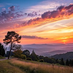 Obraz premium Sunset over Mountain Ranges Vibrant Sky, Solitary Tree, Landscape Photography, Sunset Landscape, Mountain Scenery Keywords Photography, Nature