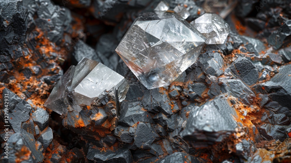 Poster clear crystals are prominently positioned among textured dark rocks, showcasing their geometric shap