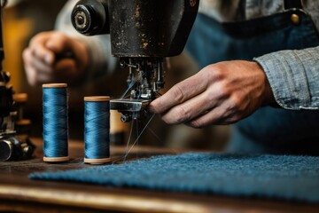 Tailor using vintage sewing machine and blue thread in workshop