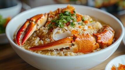 A steaming bowl of crab porridge showcases the vibrant colors of succulent crab claws, topped with fresh herbs, creating a tantalizing dish perfect for a cozy meal