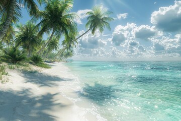 Fototapeta premium A serene tropical beach vista with turquoise waters meeting the white sand under swaying palm trees, illuminated by the sun and scattered clouds forming a picturesque seascape.