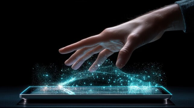 A hand is touching a tablet screen with a blue glow