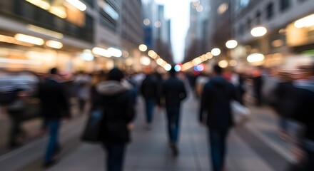 Crowd of people along a busy city street. the blur creates a sense of movement and busyness