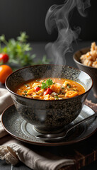 Elegant Yushka soup steaming in textured bowl, culinary artistry
