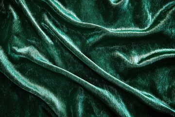Fototapeta premium Emerald Green Velvet Fabric with Luxurious Drapes and Shimmering Highlights, showcasing texture, depth, and a rich, elegant appearance for various design applications.