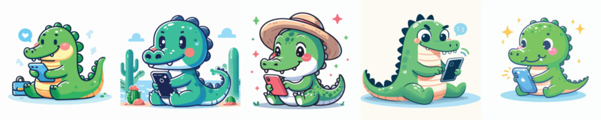 Vector set of cute crocodiles playing cell phones