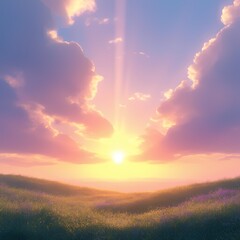 a stunning high-quality 4K resolution animation-style image of a breathtaking Easter morning sunrise at a mountain. The atmosphere feels divine, uplifting, symbolizing resurrection and new beginning
