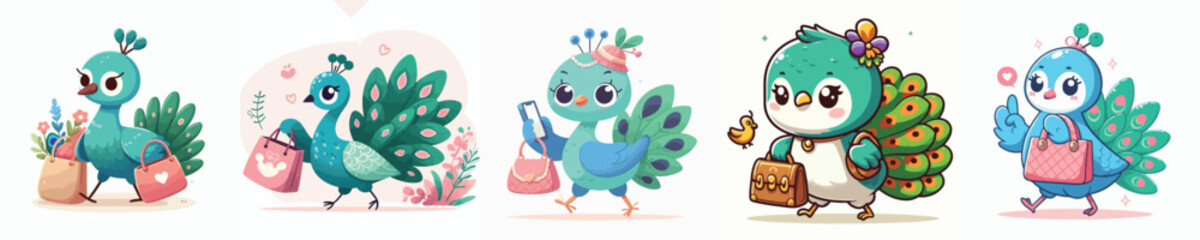 vector cute peacock holding a bag