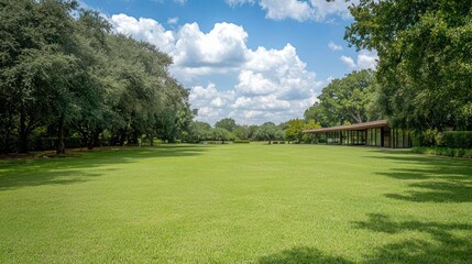 Fototapeta premium Expansive Green Lawn with Lush Trees and a Modern Building Under a Sunny Sky
